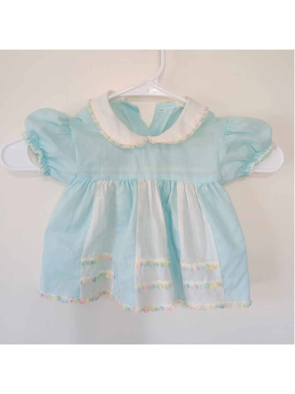 Vintage Baby Girl Light Blue Shirt Sleeve Dress Pastel Trim Spring 12 Mos